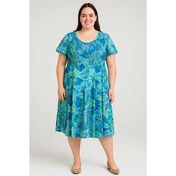 Blair Tropical coastal flowy feminine PL Dress Stretchy Smocked Bodice - Picture 1 of 6